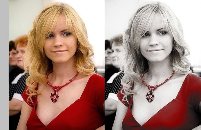 Черно белая фотогарфия с красным платьем и ожерельем